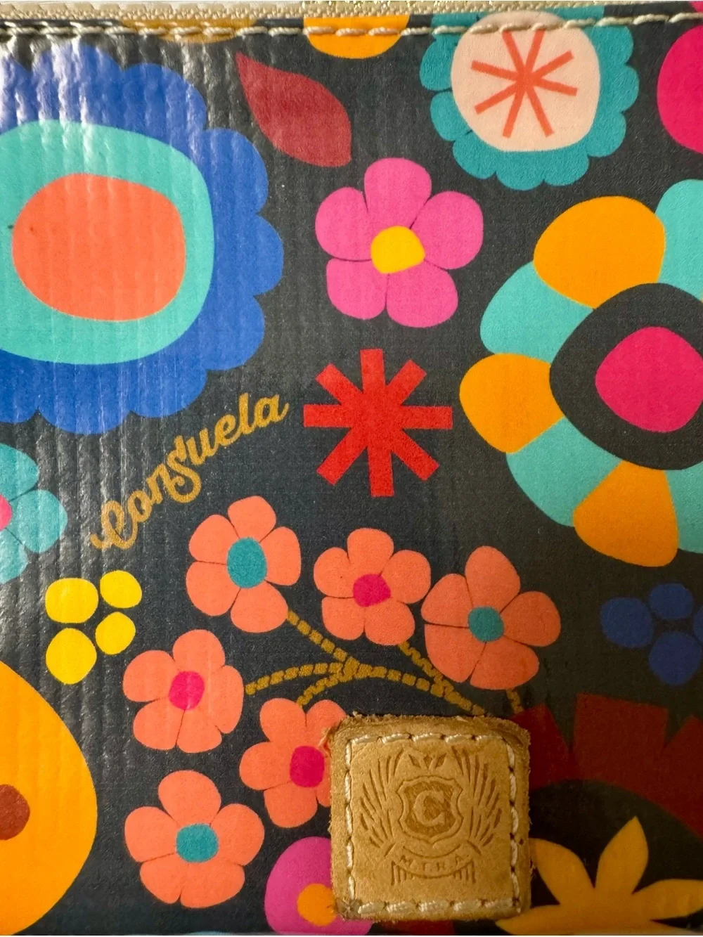 Consuela Black Multicolor Floral Wristlet with Gold Strap